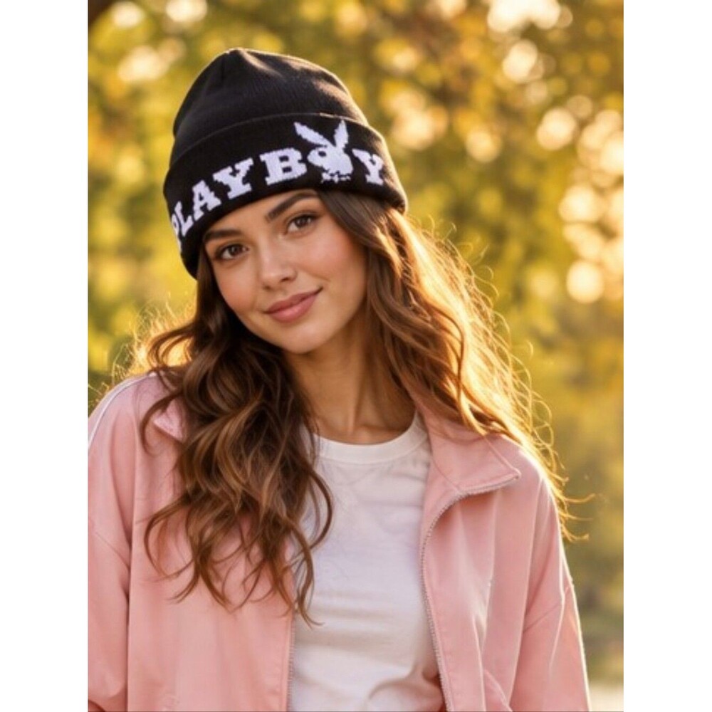 Playboy Bunny Beanie OS Black White Logo Cuffed Knit Y2K Streetwear